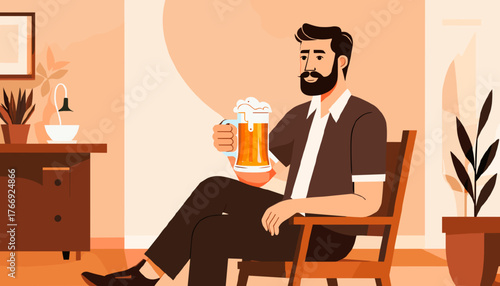 A man with a beard and mustache sitting on a chair in a cozy room holding a mug of beer