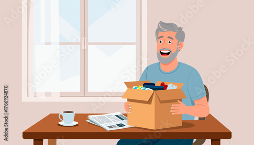 A happy man unpacking products from an advertising booklet at a wooden table