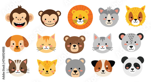 A diverse collection of cute cartoon animal faces and heads, featuring various species like monkeys, cats, dogs, bears, and pandas, on a white background.