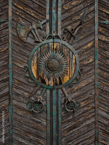 Fotografie Decorative sun emblem on an antique wooden door.