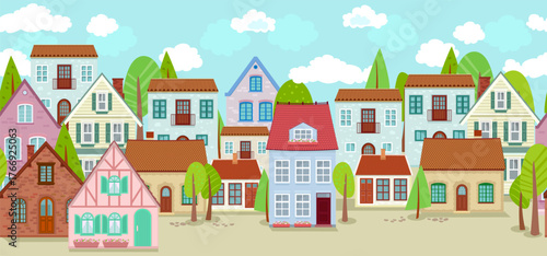 seamless border with colorful cozy houses and trees. panoramic cloudy cityscape