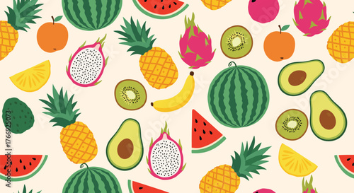 A delightful and colorful seamless pattern filled with a variety of healthy fruits like watermelon, pineapple, kiwi, and avocado, on a light background.