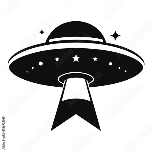 Black monochrome spaceship hovers with its bright beam and stars isolated on white