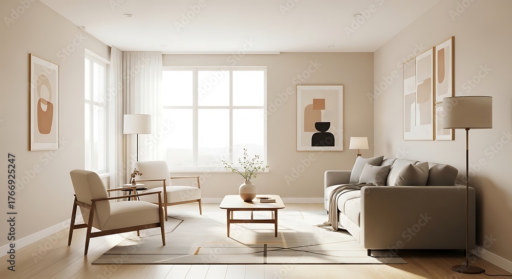 Fototapeta premium Cozy Living Room Interior with Neutral Palette and Natural Light, Modern Home Decor