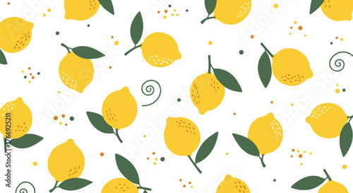 Seamless pattern of vibrant yellow lemons with green leaves and decorative dots on a white background, perfect for summer themes.