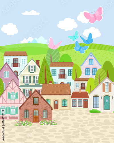 rural town with colorful cozy houses and trees. cloudy cityscape with green fields
