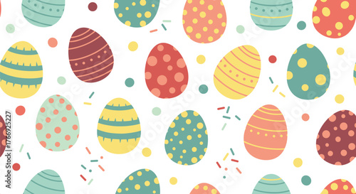 Seamless pattern of brightly colored Easter eggs with various designs and sprinkles, perfect for holiday backgrounds and spring celebrations.
