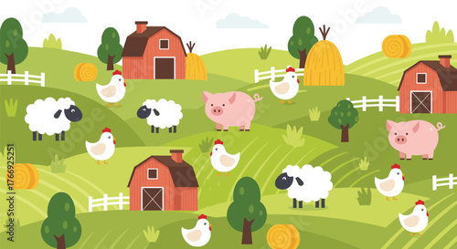 A vibrant cartoon illustration depicts a lively farm scene with barns, rolling green hills, sheep, pigs, and chickens amidst hay bales and fences.