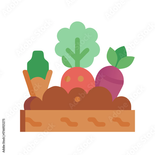 Vibrant flat illustration of a garden bed with various root vegetables growing