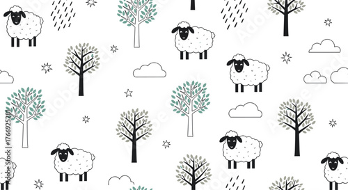 A charming seamless pattern features cute cartoon sheep, stylized trees with green and gray leaves, clouds, and stars on a white background.