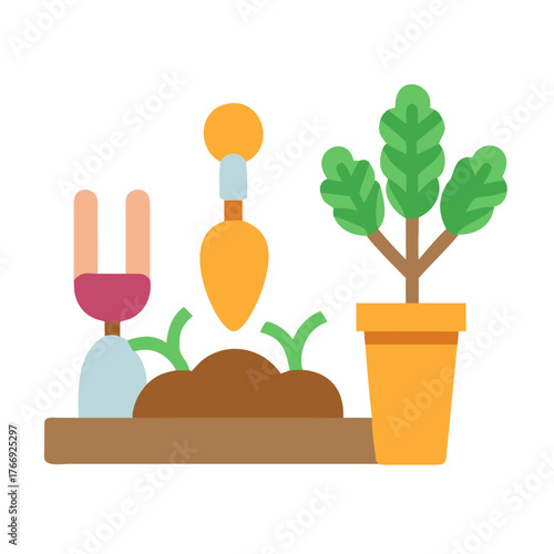 Whimsical gardening flat illustration showcasing flower bed, gardening tools, and potted plant