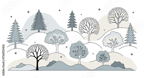 Minimalist winter landscape illustration with a variety of trees and rolling hills, depicting a peaceful and serene natural scene.