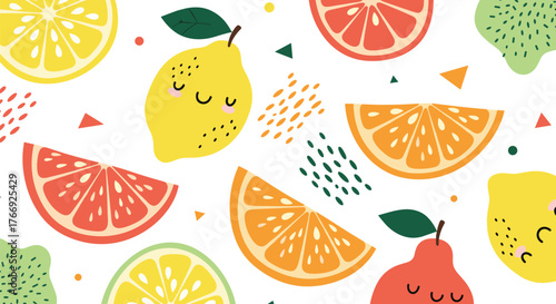 Whimsical seamless pattern with adorable citrus fruits, a sleepy pear, and playful abstract shapes on white.