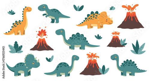 Cute cartoon dinosaurs, including a T-Rex, Triceratops, and Brontosaurus, along with erupting volcanoes and jungle leaves, creating a playful prehistoric design.