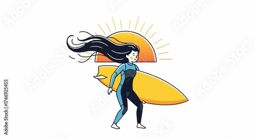 Illustration of a woman in a wetsuit holding a surfboard with a sun in the background.