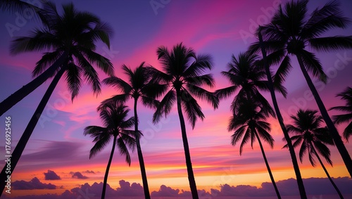 Tropical Palm Trees at Vibrant Sunset | Colorful Island Beach Sky