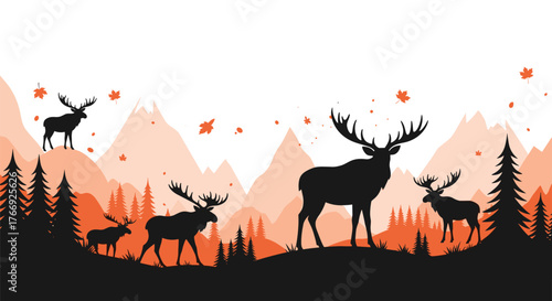 Majestic deer and elk silhouettes with large antlers roam a serene autumn forest landscape, featuring mountains, pine trees, and falling leaves.
