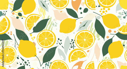 Seamless pattern with fresh yellow lemons, slices, and abstract green and pastel leaves on a white background, perfect for textiles or wallpaper.