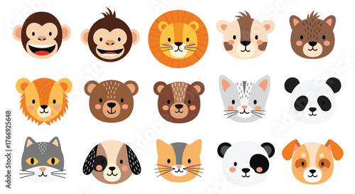 A collection of cute cartoon animal faces including monkeys, lions, bears, cats, pandas, and dogs, suitable for children's designs.