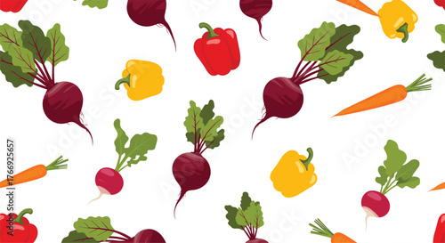 Seamless pattern with vibrant cartoon-style root vegetables and colorful bell peppers scattered over a clean white background.