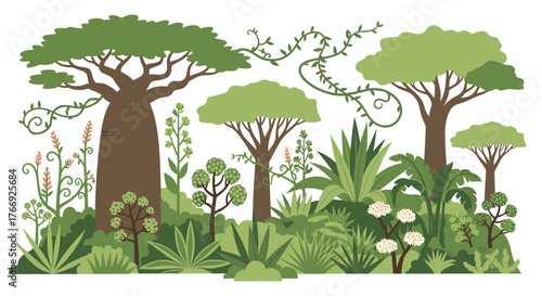 Lush stylized illustration of a vibrant forest landscape, showcasing diverse tropical trees, plants, and rich foliage.