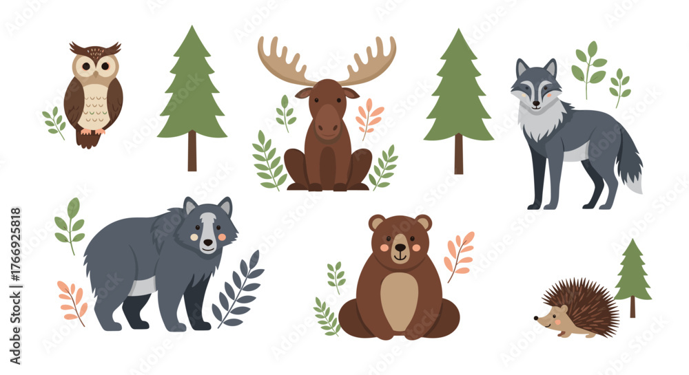 Obraz premium A cute collection of cartoon forest animals and trees, perfect for woodland-themed designs and children's illustrations.