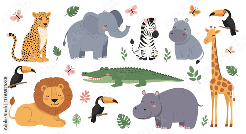 Adorable cartoon safari animals set featuring an elephant, lion, giraffe, zebra, hippos, leopard, crocodile, toucans, and butterflies, for kids.