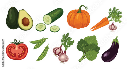A diverse and colorful collection of fresh, healthy vegetables including avocado, pumpkin, carrots, cucumber, tomato, peas, garlic, and leafy greens.