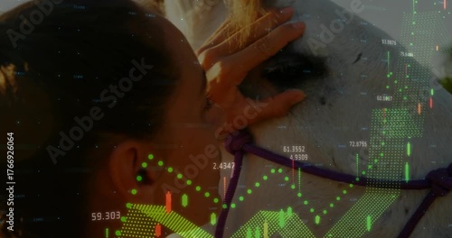 Veterinary assistant walking to horse in purple halter and lifting eyelid with finger for vet check