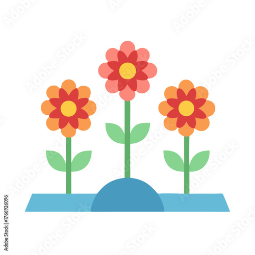 Graphic illustration featuring three stylized flowers blooming from a blue flower box