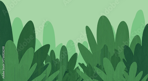 Stylized illustration of lush green foliage and plant life against a bright backdrop, ideal for backgrounds or graphic designs.
