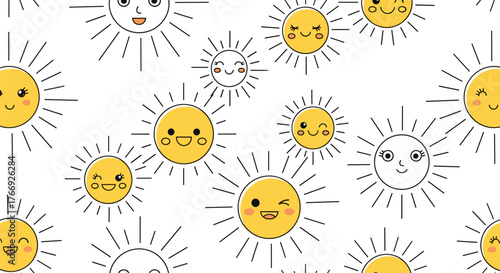 A cheerful seamless pattern of cute cartoon sun characters with happy faces and bright rays, perfect for summer and positive designs.