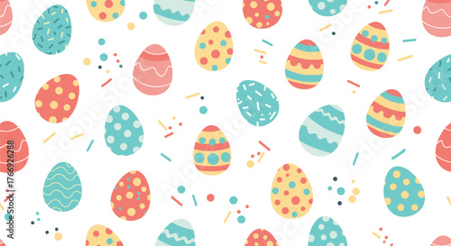 Seamless pattern of colorful Easter eggs with various designs and sprinkles on a white background, perfect for a festive holiday celebration.