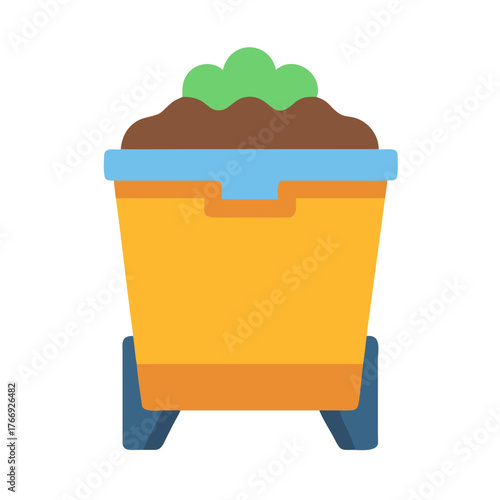 Garden wheelbarrow filled with soil and plant isolated on a black background