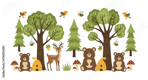 Charming illustration of a whimsical forest scene with adorable animals and lush trees on a clean white background.