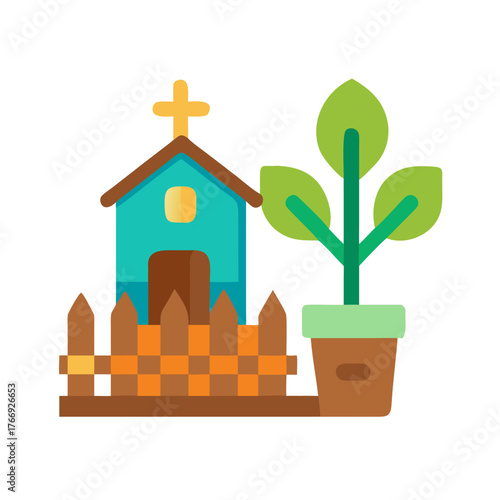 Stylized church illustration with picket fence and plant pot on a black background