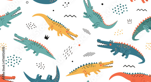 Playful cartoon crocodiles and alligators in a seamless pattern with abstract elements on a white background for children's design.