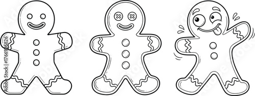Set of Goofy Gingerbread Man Outline Vector Characters: Funny Christmas Cookie Line Art CollectionSet of Goofy Gingerbread Man Outline Vector Characters: Funny Christmas Cookie Line Art Collection