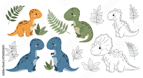 Cute cartoon baby dinosaurs and prehistoric plant leaves in both colored illustration and line art styles for children's books or coloring pages.