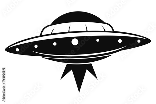 Black saucer flies with beam of light in monochrome on a white backdrop