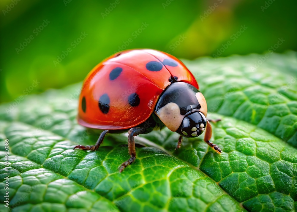 Naklejka premium Close up of a red ladybug with black spots crawling on a textured green leaf in bright daylight insect
