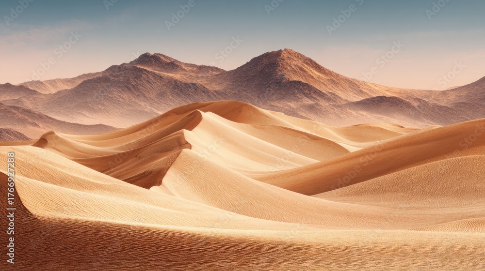 Naklejka premium Serene Desert Dunes Under Majestic Mountain Backdrop at Dawn