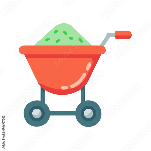 Orange Wheelbarrow with Green Soil in Flat Graphic Style on Black Background