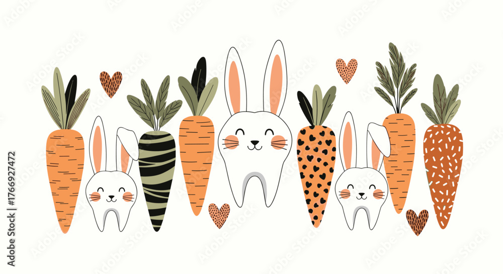 Naklejka premium Cute cartoon bunnies and carrots with hearts for a playful Easter or spring design.