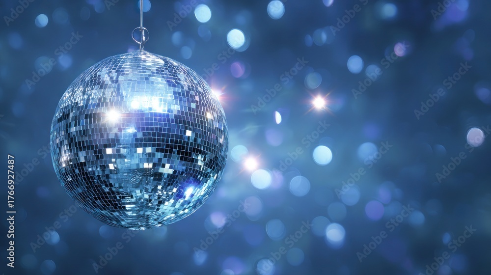 Obraz premium Shimmering Disco Ball Reflecting Light Amidst a Dreamy Blue Bokeh Background