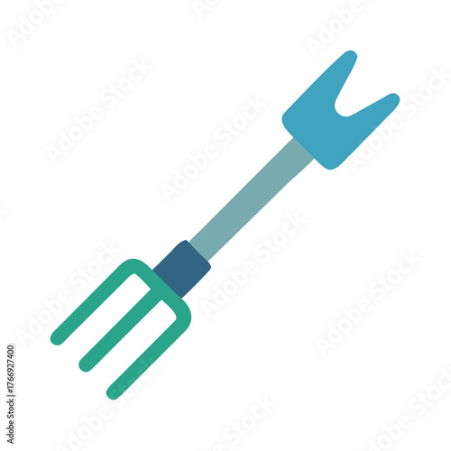 Stylized flat vector garden fork and spade on a clean black background