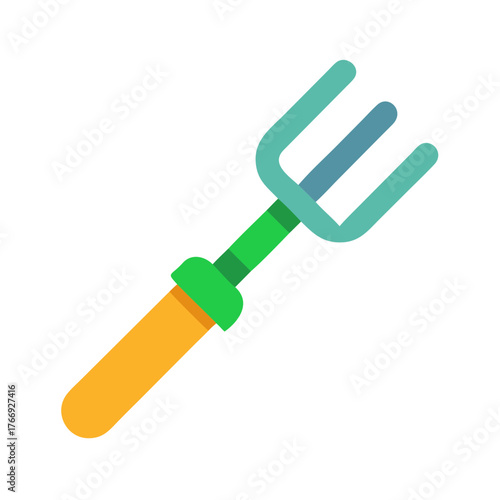 Stylized Gardening Fork with Yellow Handle and Teal Prongs on Black Background