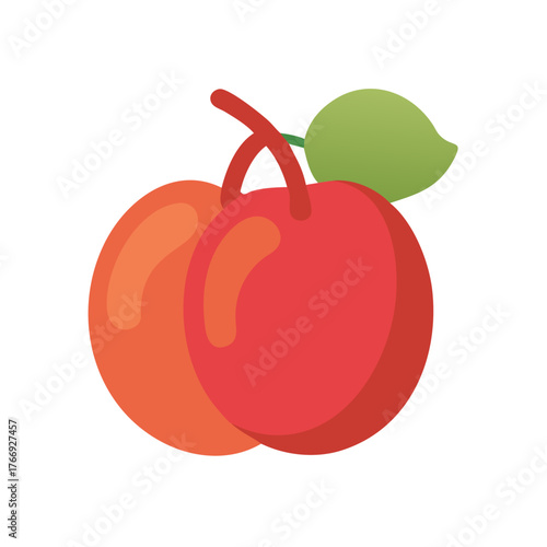 Vibrant and modern illustration of two ripe peaches with a green leaf