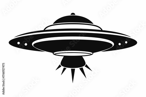 Simple black silhouette reveals a classic flying saucer over white background with design