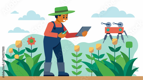 A farmer inspects the results of the autonomous weeding robots noticing a significant decrease in weed presence and a healthier crop yield.. Vector illustration
